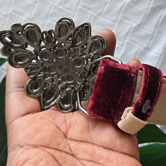 Chico's Elegant Burgundy Velvet Belt with Black Gemstone Buckle Embellishment - Picture 7 of 8